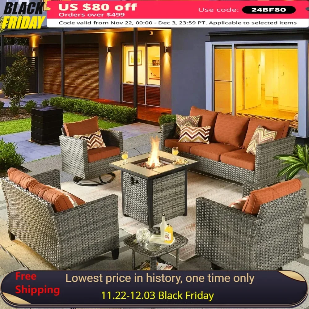 Outdoor Sofa Set of 6 with Rocking Swivel Chairs, Loveseat, Square Fire Pit Table, Patio Furniture Set