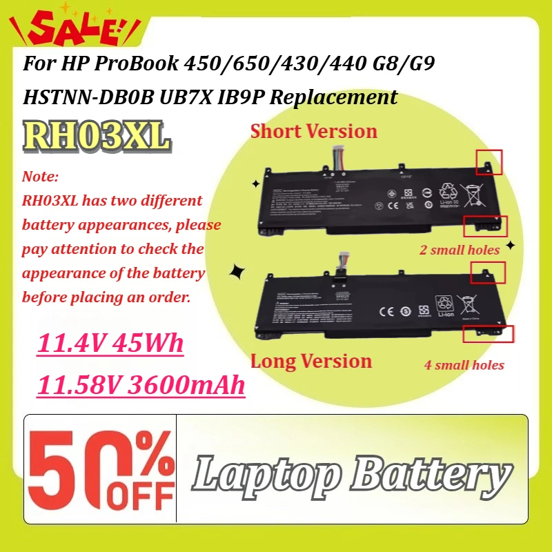 RH03XL 11.4V 45Wh Li-ion Laptop Battery Long/Short Version for HP ProBook 450/650/430/440 G8/G9 HSTNN-DB0B UB7X IB9P Replacement