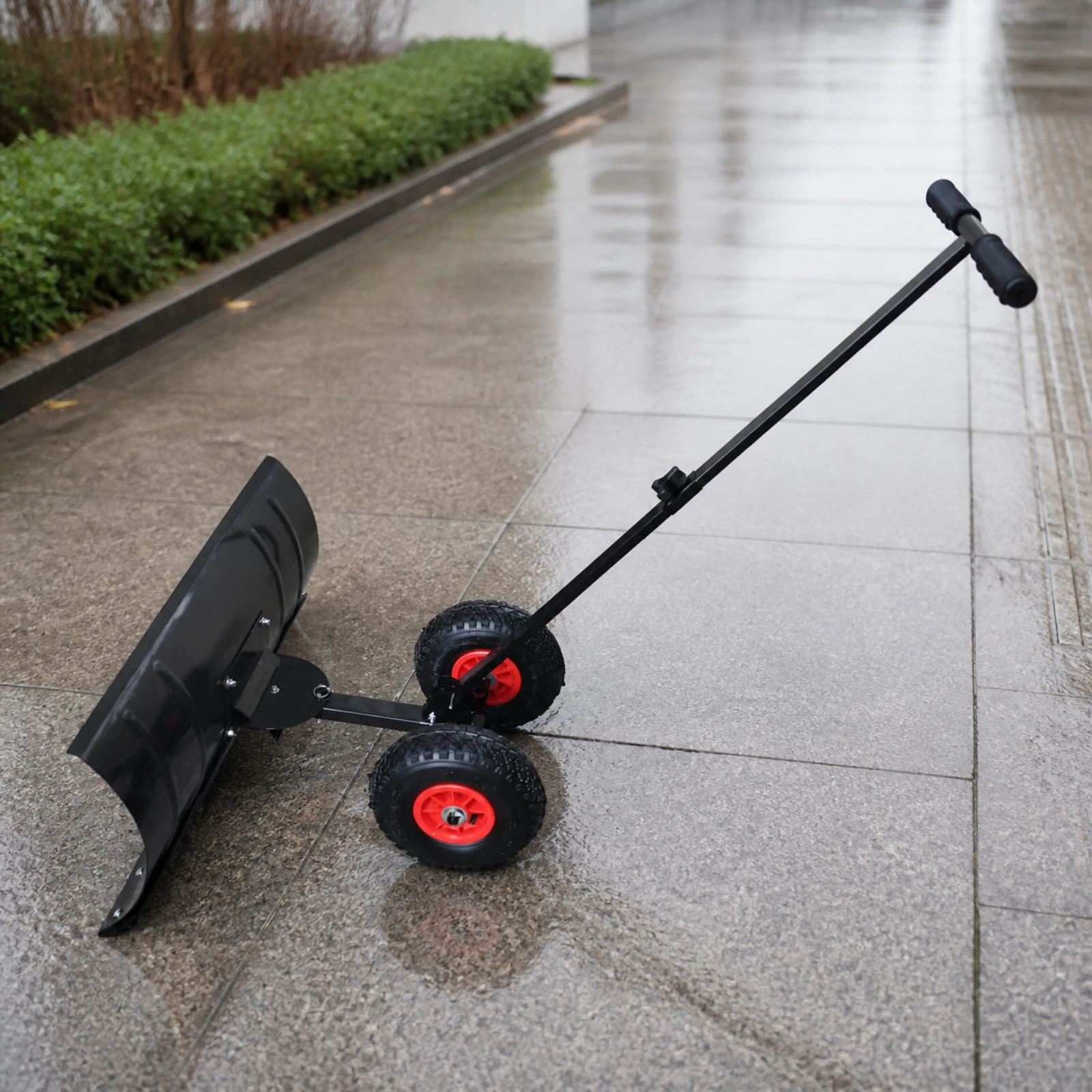 Wheeled Push Snow Plow Long-Lasting Snow Pusher with Adjustable Handle Manual Padded Grips for Paths, Driveways