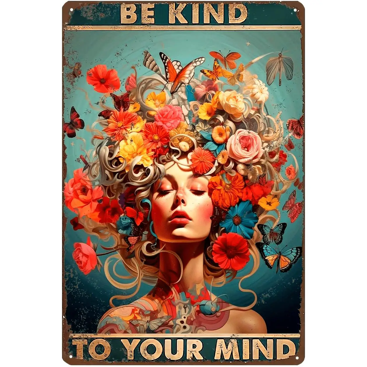 Vintage Metal Wall Art -  Tin Sign, , English, Be Kind to Your Mind, Floral Woman, for Room Aesthetic