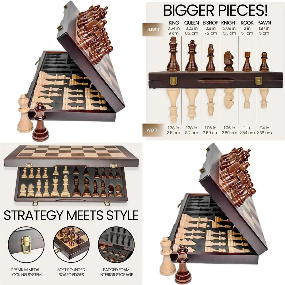 

Portable 17 Magnetic Wooden Chess with Carved Pieces, Folding Board, Foam Storage, Bonus Queens, Gift Box