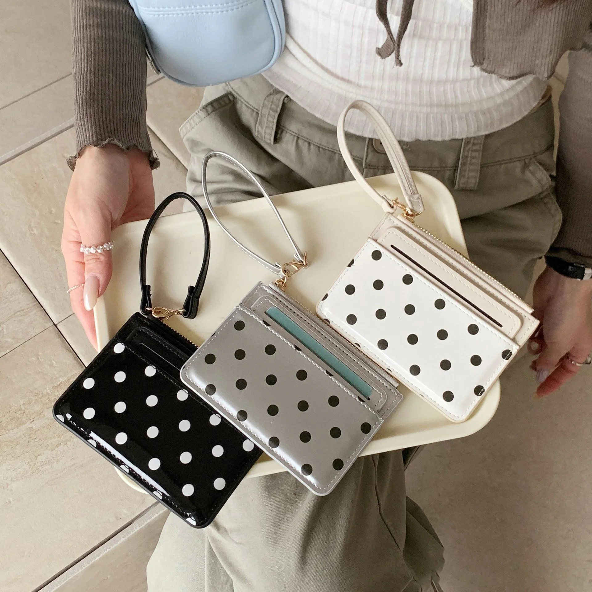 Women's Minimalist Retro Polka-Dot Card Holder and Coin Purse; Features a Wrist Strap, Zipper Closure, and Multiple Slots for Cards