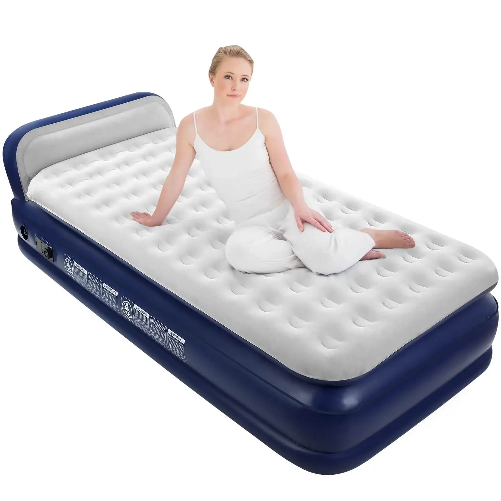 QDH Twin XL Air Mattress with Headboard – Built-in Pump Comfort Coil Technology for Home Travel & Camping Durable Inflatable Bed