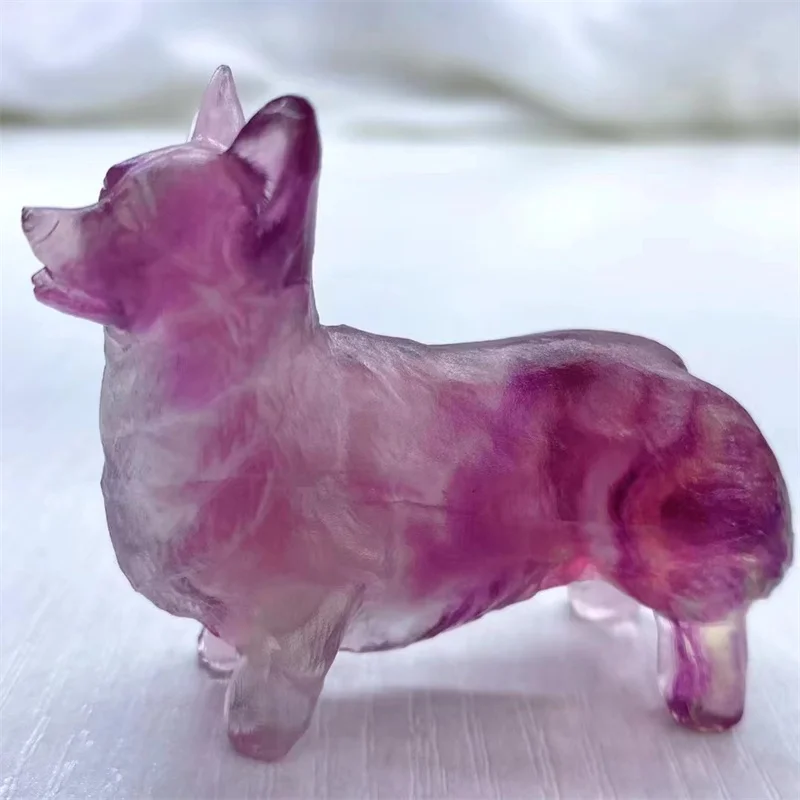 Natural Crystal Gem Carving Animal, Rainbow Fluorite, Dog Corgi, Home Decoration