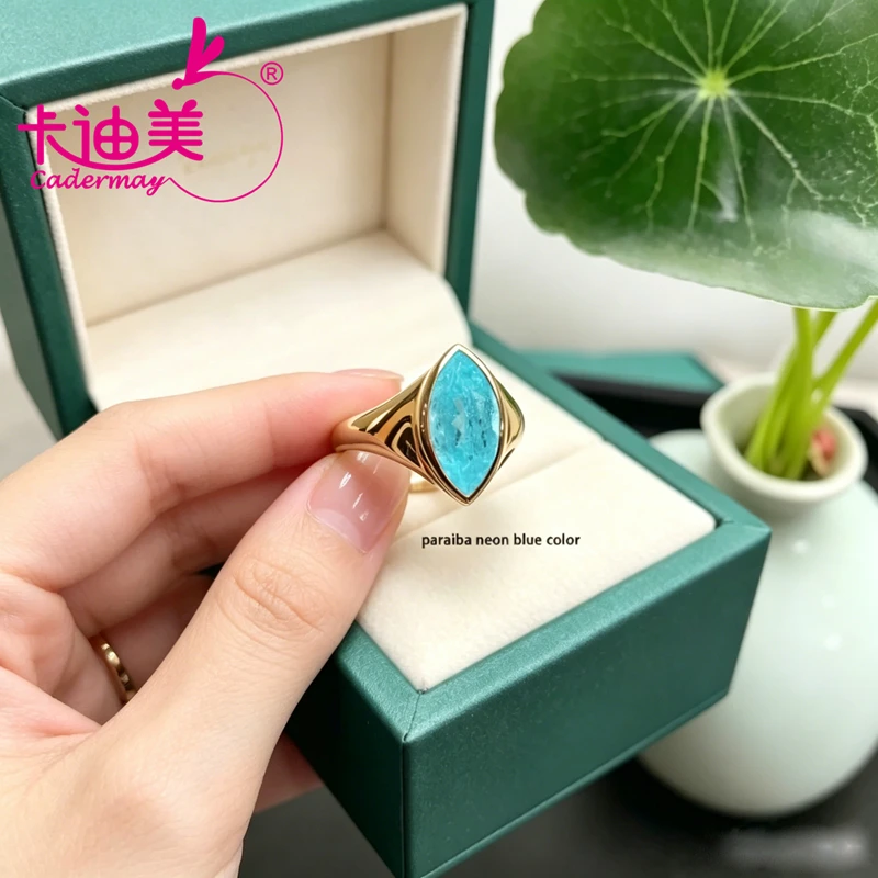 7x14mm Marquise Cut Neon Blue Paraiba Color Lab Grown Yttrium Aluminum Garnet With Inclusion YAG Silver 925 Ring For Men Jewelry