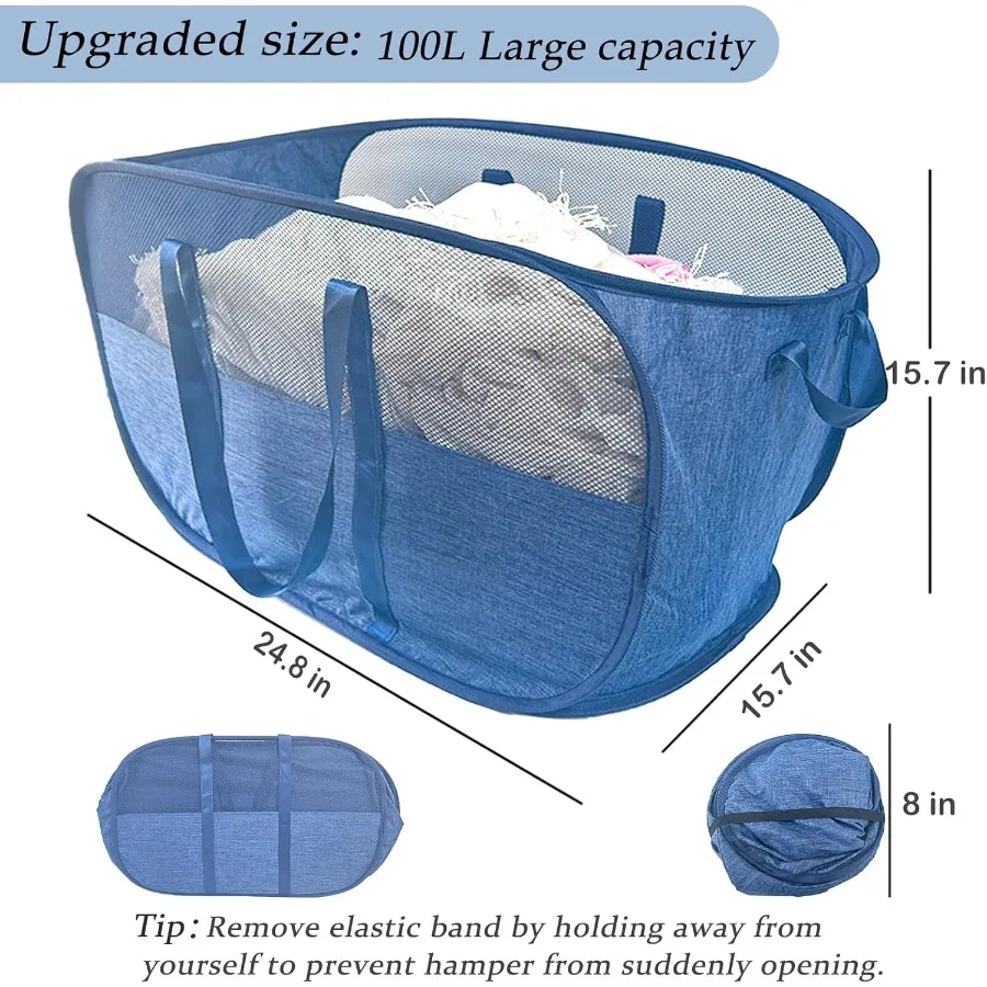 Extra großer Pop-Up-Wäschekorb aus Netzstoff, 100 l, zusammenklappbarer Wäschekorb mit verstärkten Griffen für tragbare Aufbewahrung im Wohnheim oder
