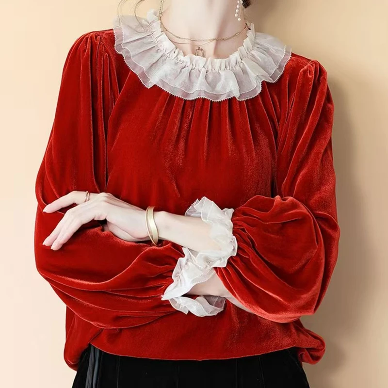 

Autumn Winter Velvet Blouses Women Shirts Elegant Long Sleeve Tops Chiffon Spliced Ruffle Neck Work Party Blouses