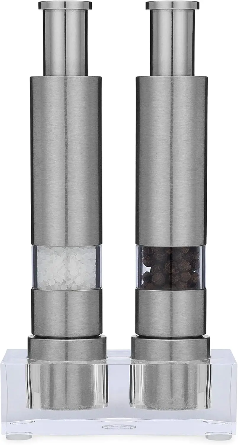 

Refillable Salt and Pepper Grinder Set with Stand, Modern Thumb Press Design for Black Pepper, Sea Salt, Himalayan Salts