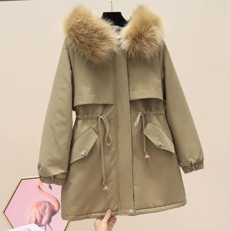 Parka da donna cappotti 2024 inverno femminile collo di pelliccia caldo addensare caldo lungo cotone giacca donna vita coulisse giacca per le donne