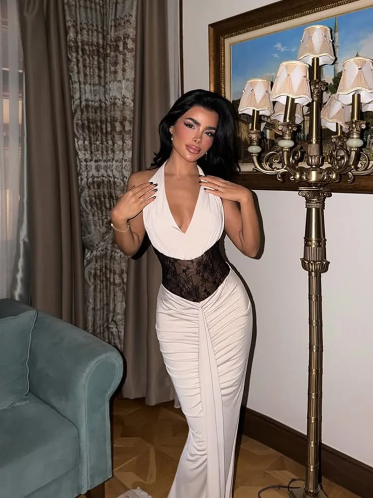 CNYISHE الدانتيل المرقعة الرسن الخامس الرقبة النساء فساتين مثير نادي غمد عارية الذراعين موضة شير أنيقة Bodycon شيك حفلة الإناث #4