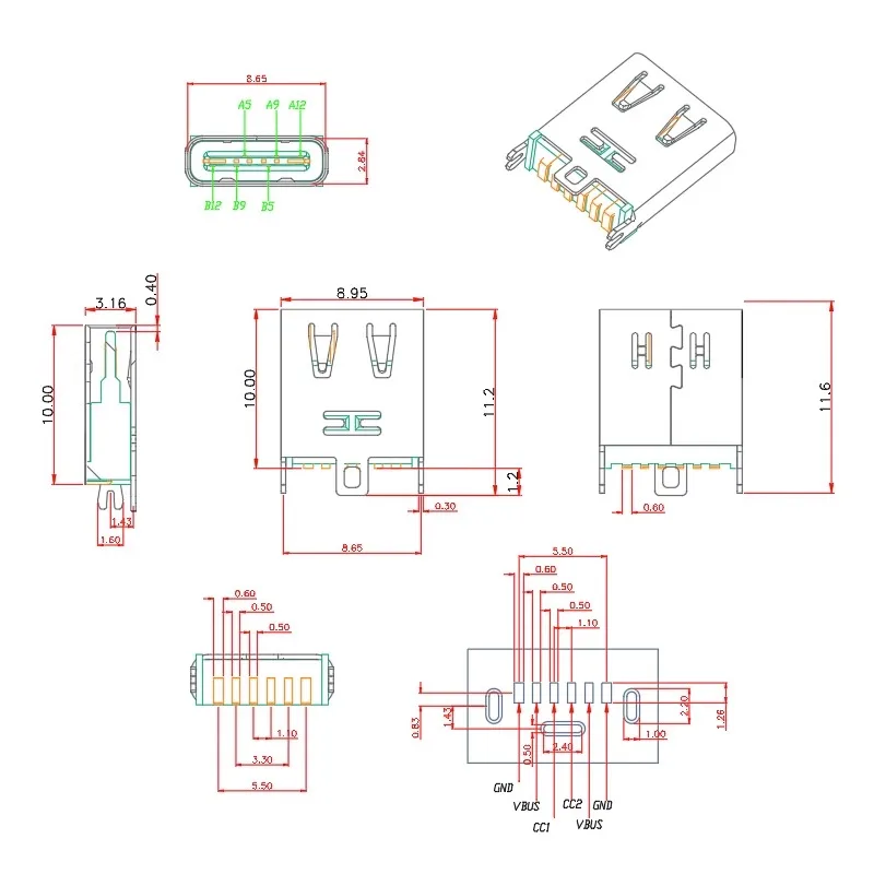 USB 3.1 3A Current Fast Charge Socket Type C 6pin Vertical Patch SMT Female Connector for Headset Charging Box Charging Port