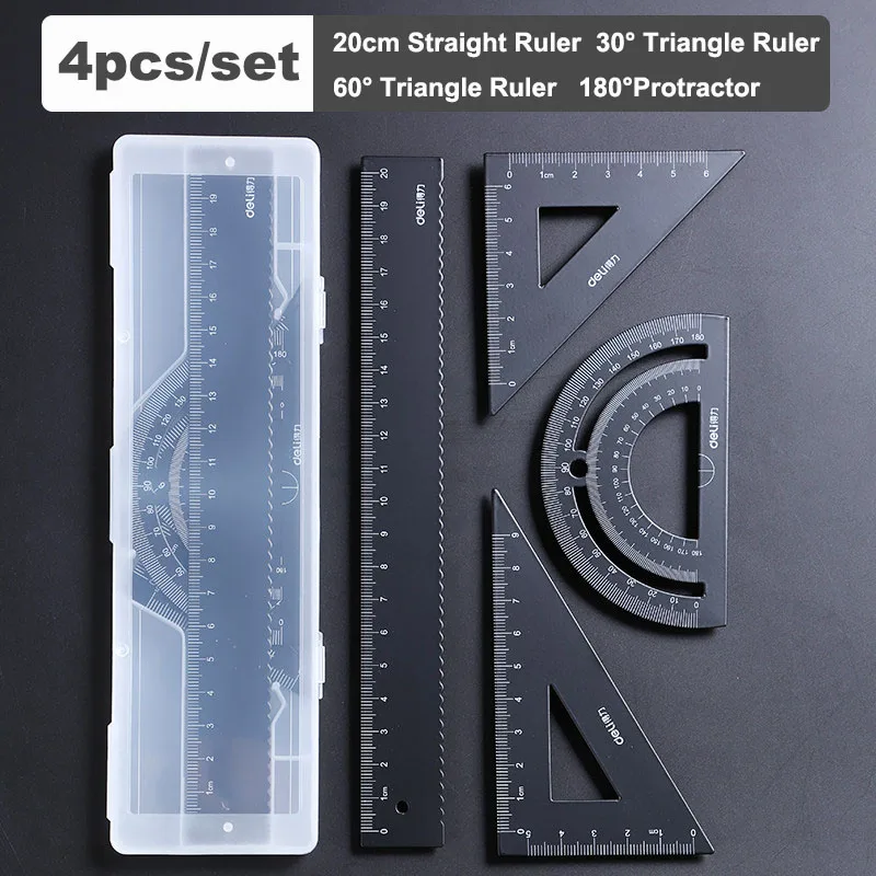 Deli-Règle triangulaire multifonctionnelle en aluminium pour enfants, rapporteur de géométrie et de dessin, accessoires scolaires en métal