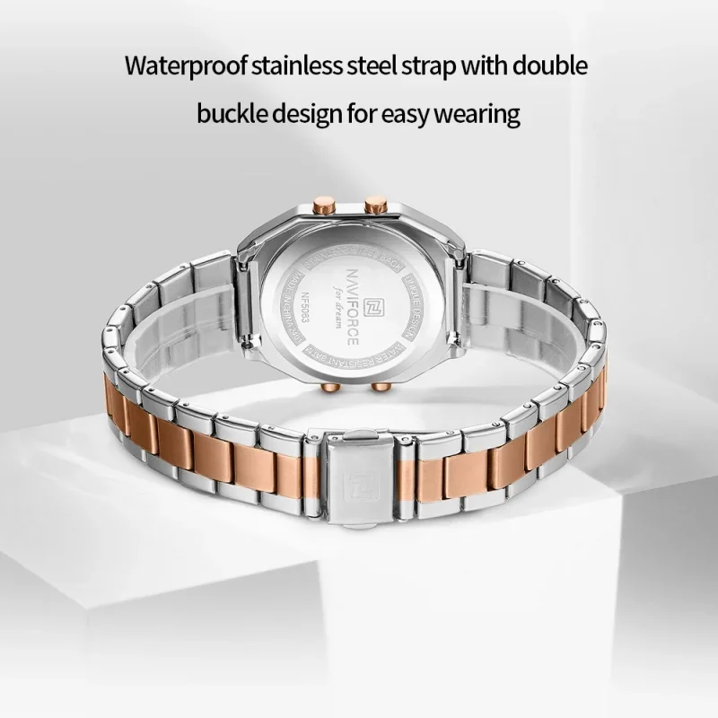 NAVIFORCE ساعة إلكترونية فاخرة للسيدات عرض التاريخ وضع مضيء LED مصباح 3ATM مقاوم للماء حزام من الفولاذ المقاوم للصدأ ساعة أنيقة
