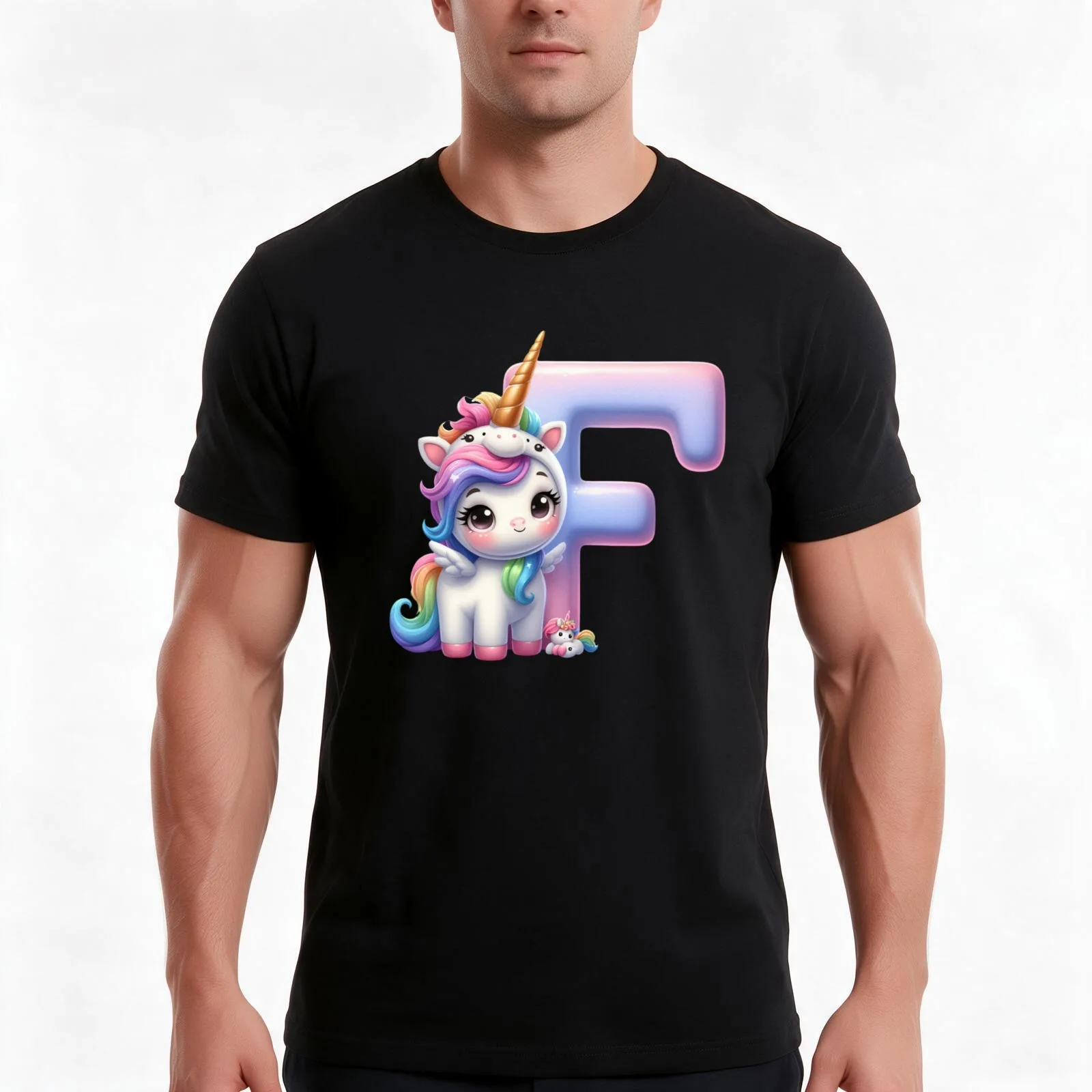Unicorn kawaii alphabet monogram letter F T-Shirt Summer Casual Cotton Tee Oversized Streetwear Tops Vintage Graphic Print