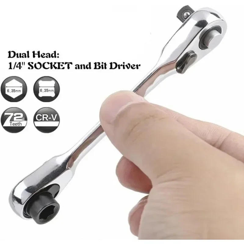 Mini Double Headed Ratchet Wrench 1/4 Inch Drive Socket and Screwdriver Bit Driver Quick Release Ratchet Wrench