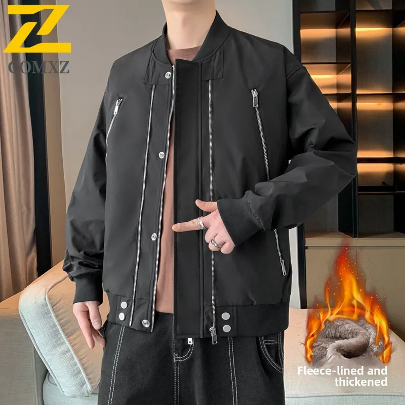 

COMXZ Men Jacket Baseball Collar American Style Lightweight Motorcycle Coats Zipper Decoration Handsome Windproof Autumn Coat