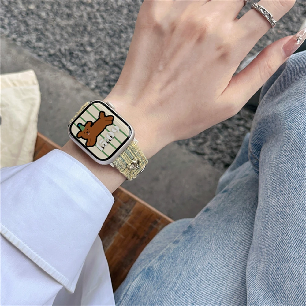 สายหนังยีนส์ลายหมี3D น่ารักสำหรับสายคาด Apple Watch 9 8 7 6 3 5 4 2 SE สำหรับ iWatch ultra 49 45 42 44มม. 40 41 38