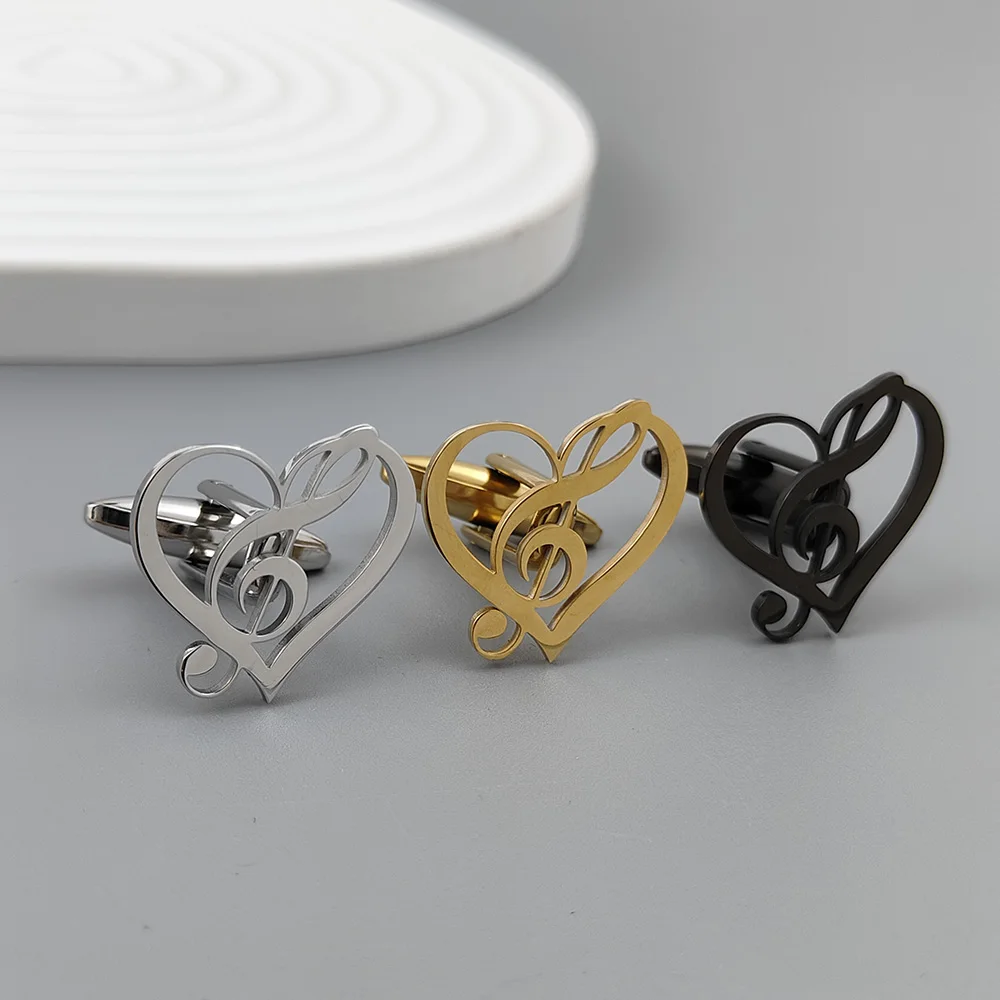 New heart-shaped musical note cufflinks, fashionable metal men's shirt cufflinks, retro suit accessories, suitable for parties
