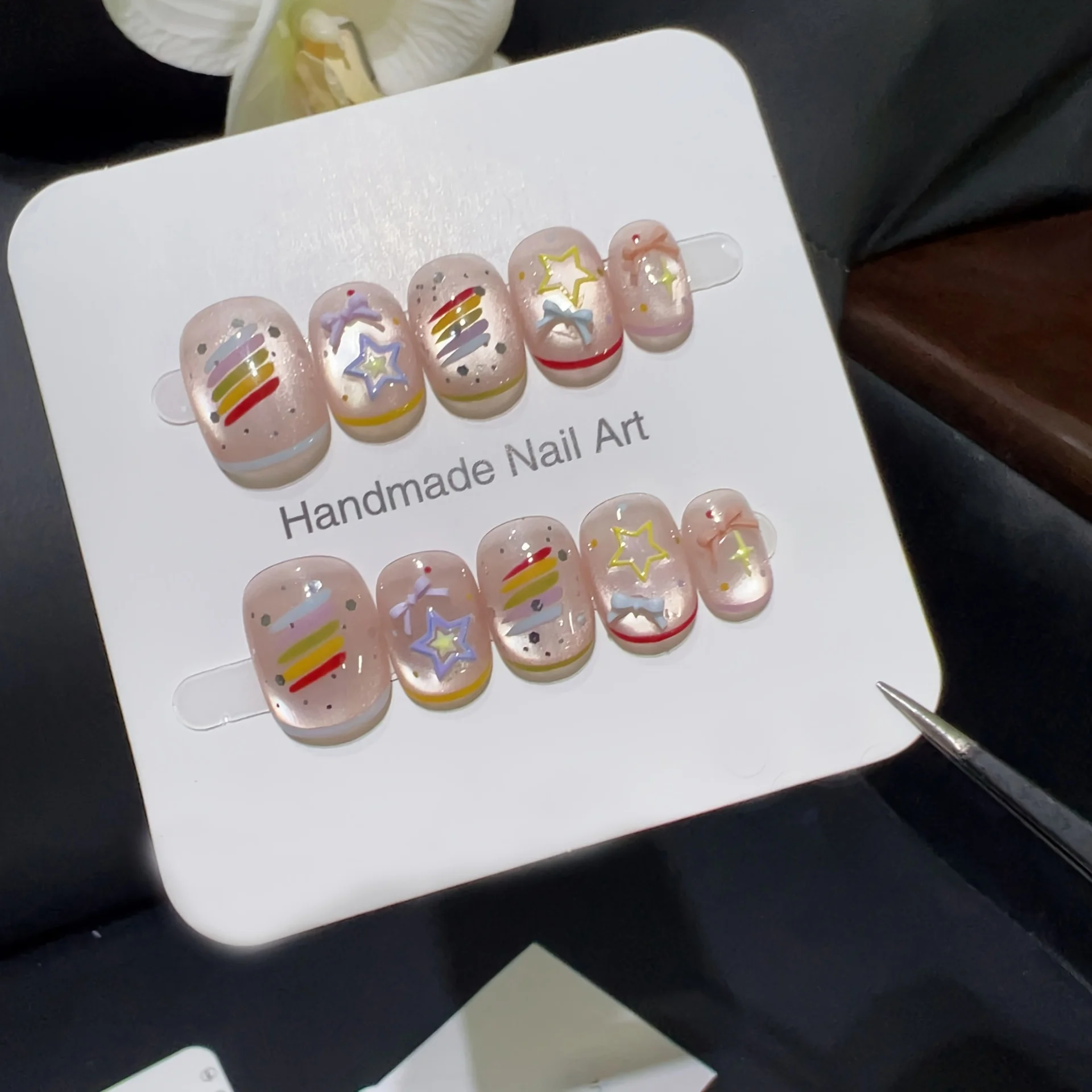 

10Pcs Handmade Press on Nails Dopamine Star Wish Bow False Nail for Women&Girls Short Square Round Removable Wearable Fake Nail