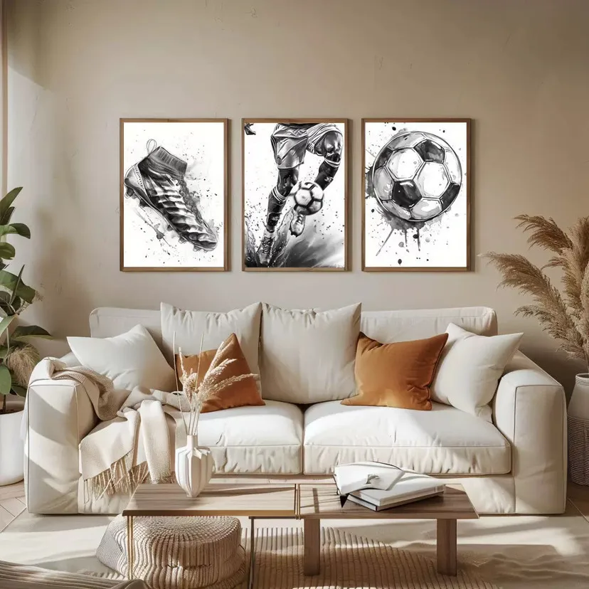 3PCS Framed Soccer Canvas Wall Art, Black White Splash Football Prints for Boys Bedroom Game Room Decor