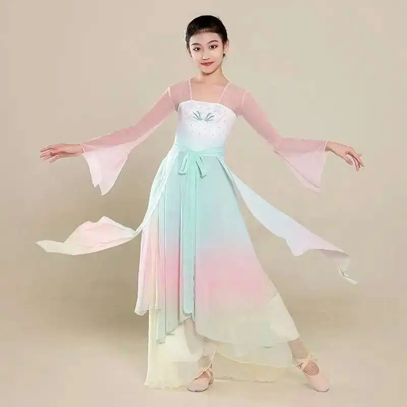 

Children's Classical Dance Costumes, Chinese Dance Body Rhyme Training Costumes, Gauze Clothing, Girls' Ethnic Dance Fan Dance