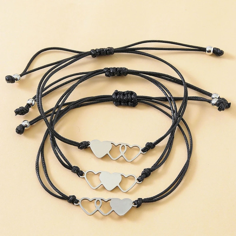 2/3/4Pcs Bohemian Braided Wax Bracelets Jewelry Stainless Steel Heart Drop Shipping