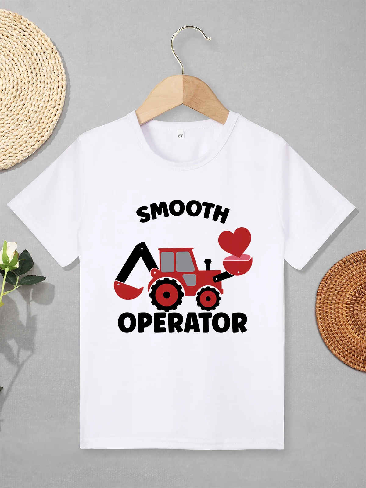 2024 Summer Kids T Shirt for Boys 2 to 7 Years Cartoon Bulldozer Print High Quality Clothes White O-neck Basic Tops T-shirt