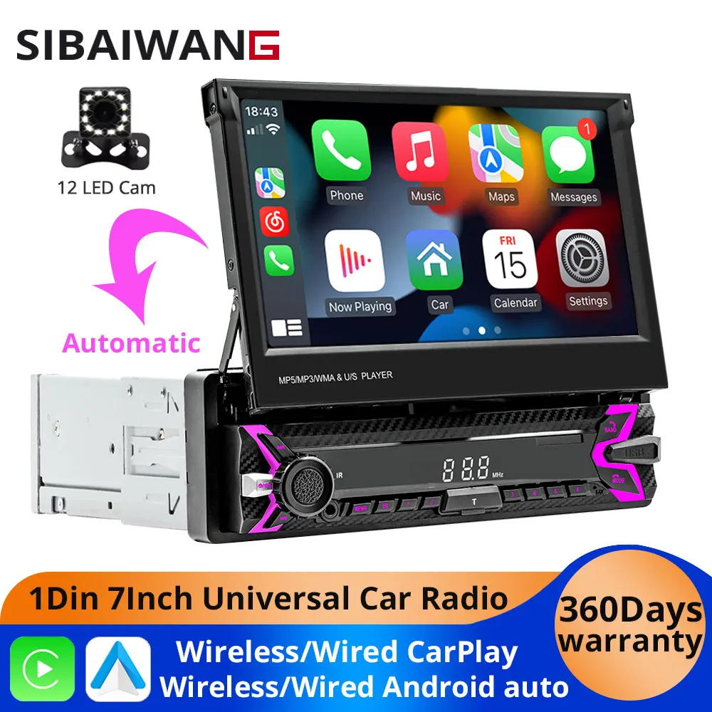 7'' 1Din MP5 Car Radio Automatic Retractable TouchScreen Player Wireless Carplay Android Auto MirrorLink FM AUX Input Bluetooth
