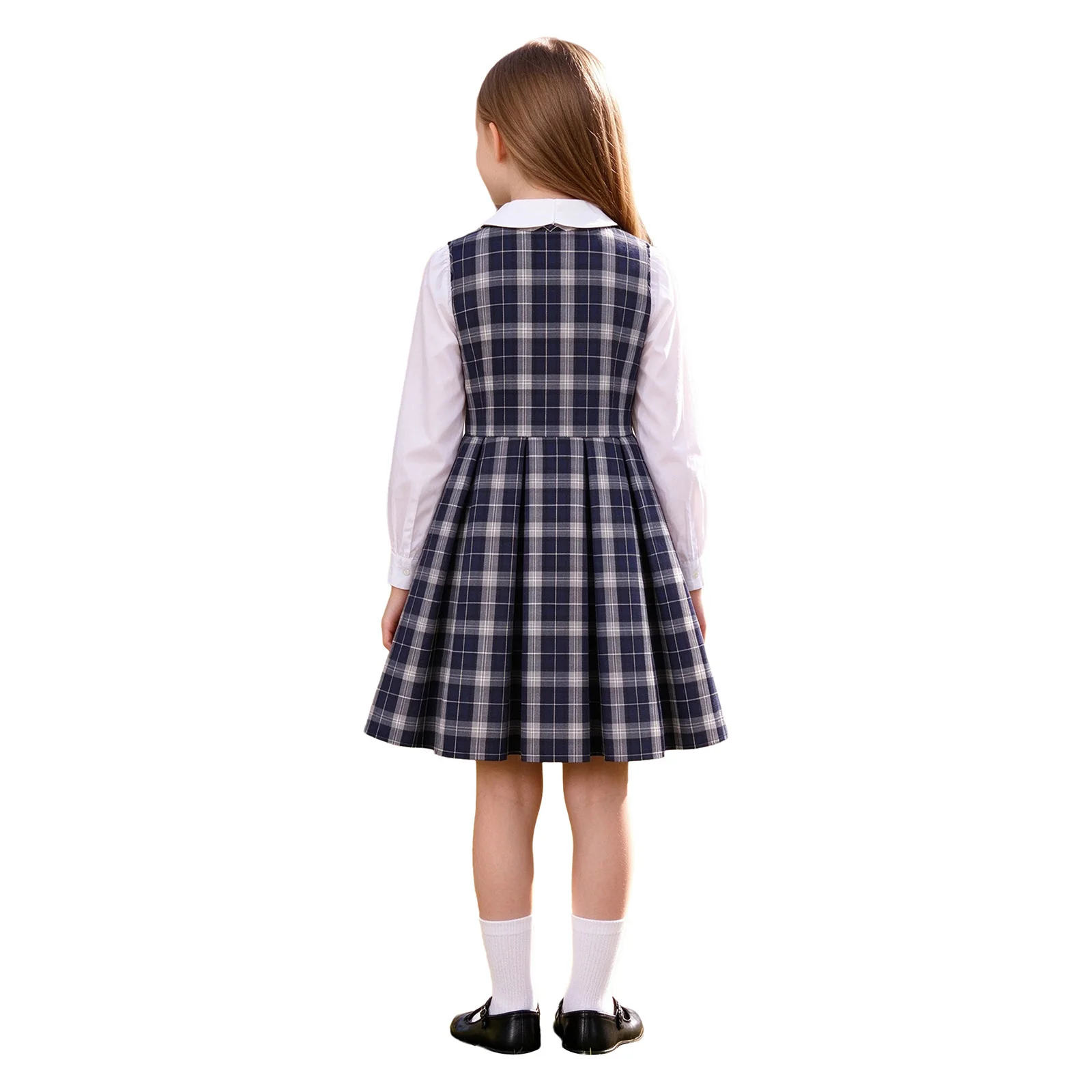 Kid Girls Plaid Print School Uniform Jumper Dress Sleeveless Side Zipper Buckles Pleated Dress for School Recitation Performance
