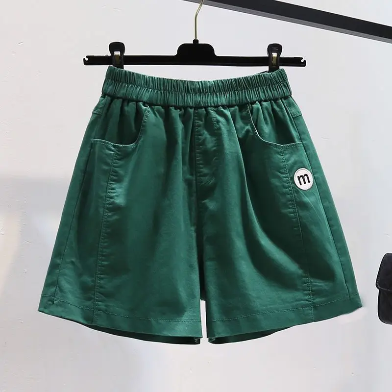 2024 summer Simple High Waist Women\'s Embroid Pocket Elastic Waist Versatile A-line Loose Slimming Thin Wide Leg Casual Shorts