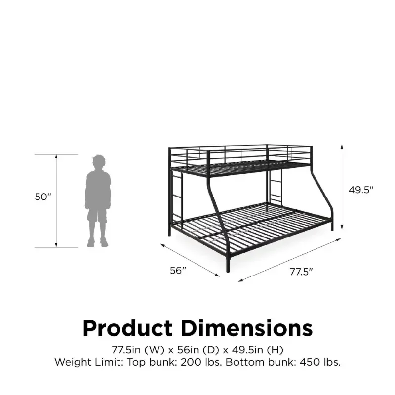 Mainstays Small Space Junior Twin over Full Low Profile Metal Bunk Bed, Black