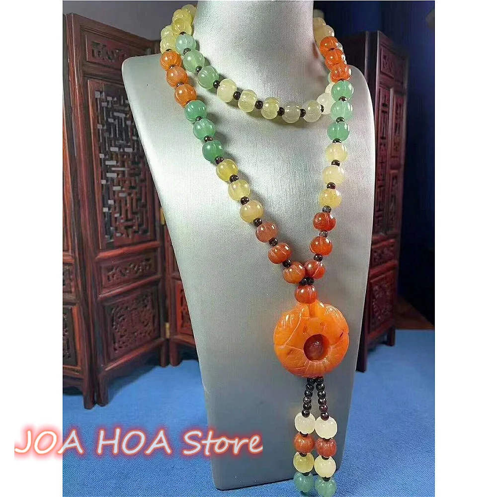 

Gorgeous Colorful Color Natural Gold Silk Jade Pumpkin Bead Chain Fashion Jade-Flower Pendant Quality Sweater-Chain Fine Jewelry