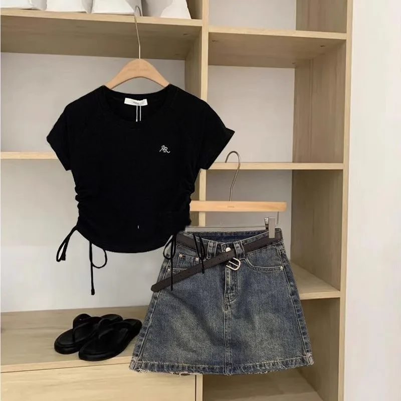 Summer Trendy Women's Denim Short Sleeve T-Shirt And  Skirt Two-Piece Set Hot Girl Small Size Fashionable Casual Outfit