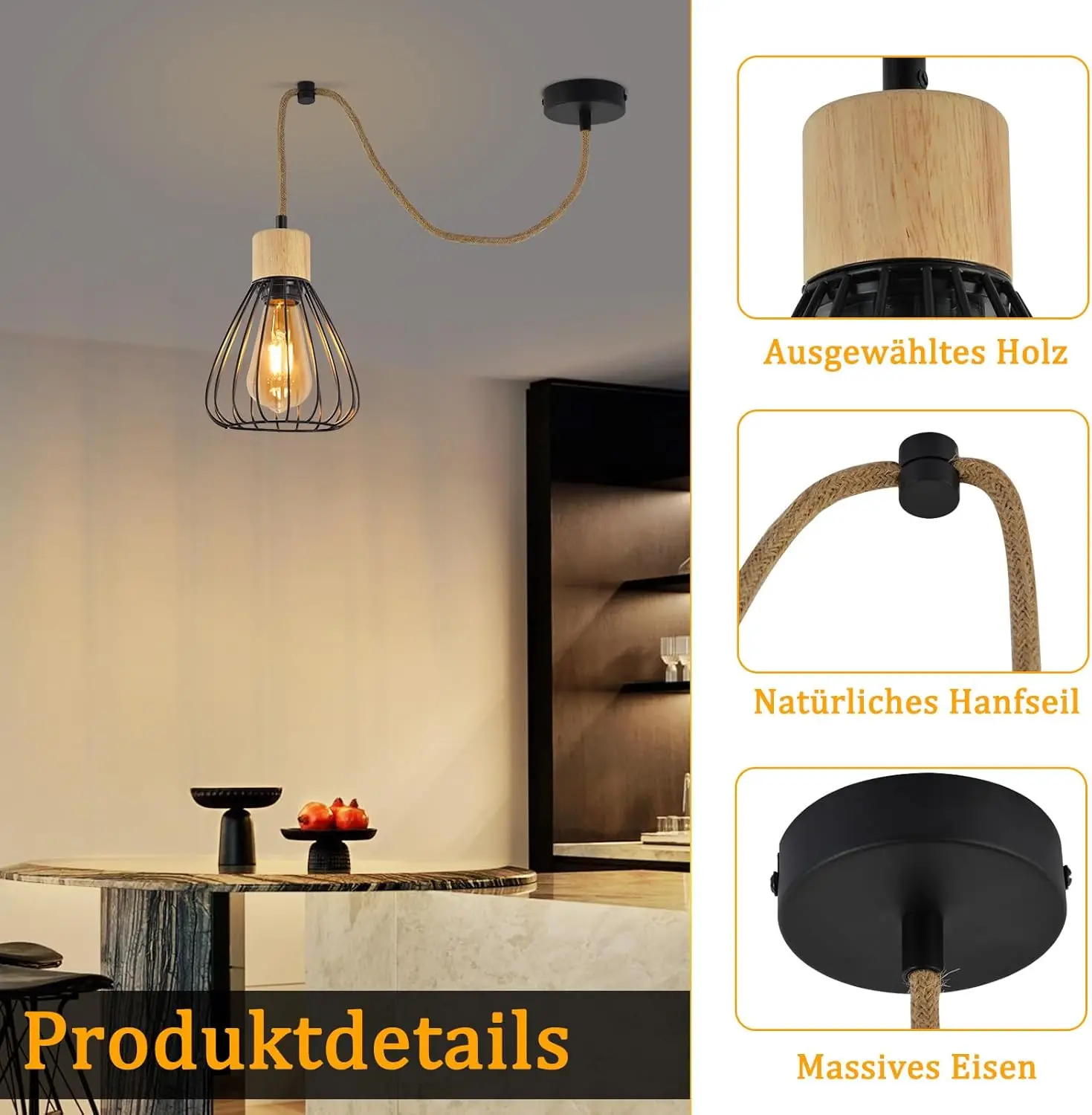 Lampe suspendue pour table à manger, lampe vintage pour salle à manger, lampe suspendue en métal noir pour salle à manger, lampe suspendue rétro à 1 flamme, lampe suspendue industrielle en corde de chanvre et bois E27 pour couloir (sans source lumineuse)