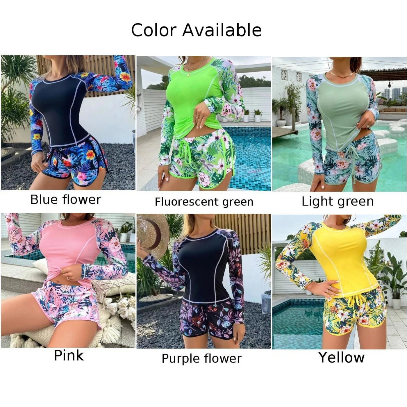 ملابس سباحة نسائية بأكمام طويلة ، بدلة بكيني مطبوعة ، شورت صيفي ، شاطئ