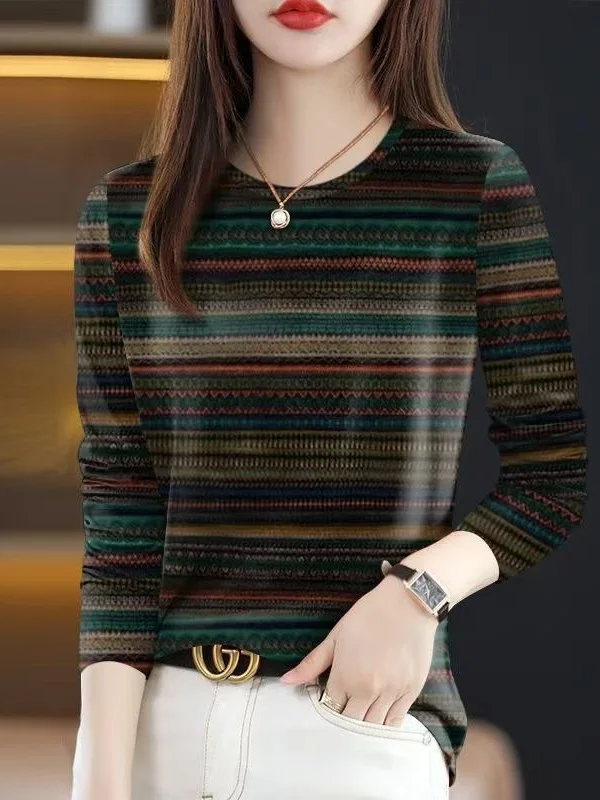 

Retro Striped Long Sleeve T-Shirt Women's Loose Fit round Neck Maternity Top Slimming Cover-Up Casual Wear Polyester Fiber