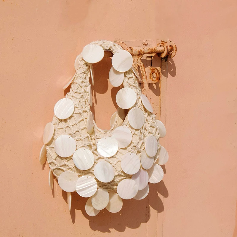 

Handwoven Hollow out Beach Countryside Vacation Style Handbag Shiny Beads Clutch Mommy-Child Bag Bucket Shape Soft Texture
