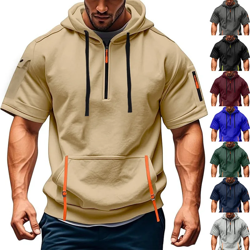 

Hot-selling men's hooded short-sleeve T-shirt, casual sports style. Cross-border new style with ribbon detail, featuring hood an