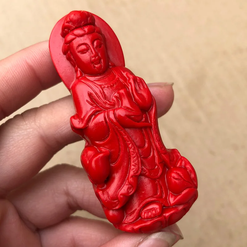 Standing Guanyin pendant, red rope, cinnabar, red flower vase, Guanyin Bodhisattva jade pendant, birth, carried  and security