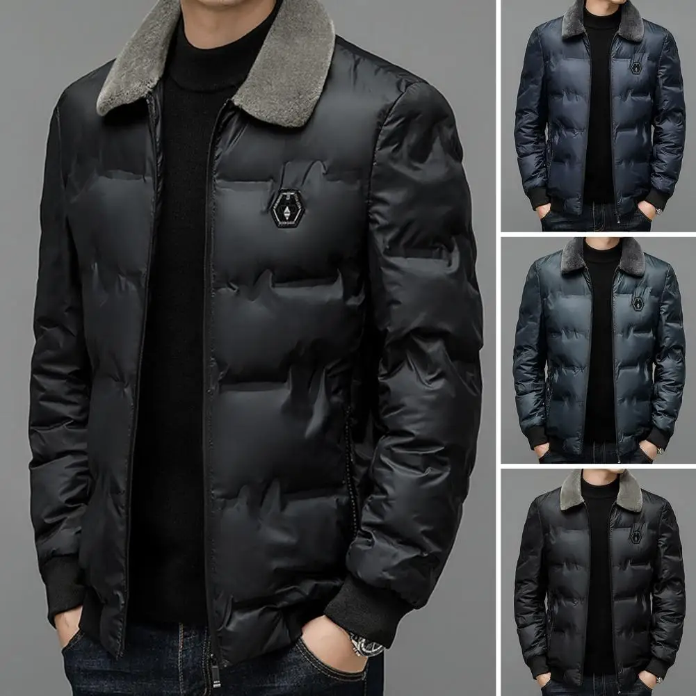 Winter Men Down Coat Windproof Thickened Padded Cold Resistant Loose Plus Size Faux Fur Lapel Long Sleeve Pockets Jacket