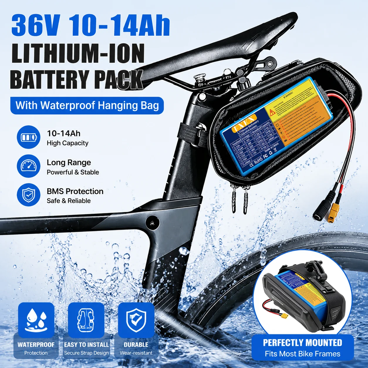 36V 48V 14Ah 18650 Rechargeable Lithium Battery Pack 10S3P 0-500W Power Bicycle Scooter Electric Vehicle with Waterproof Bag