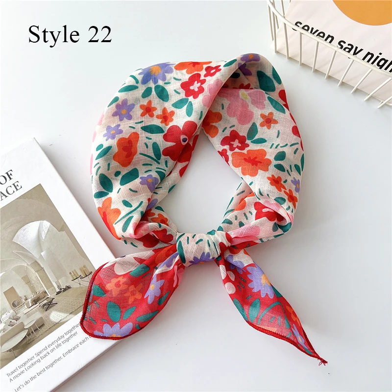 58*58cm Women Tulip Flower Neck Scarf Luxury Hair Band Hijab Shawl Cotton Linen Small Square Scarf Lady Floral Print Hair Scarf