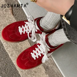 JOZHAMTA Size 34-40 Women Sneakers Real Leather Casual Flats Shoes Metallic Silver Gold Lace Up Elastic Tennis Athletic Shoes