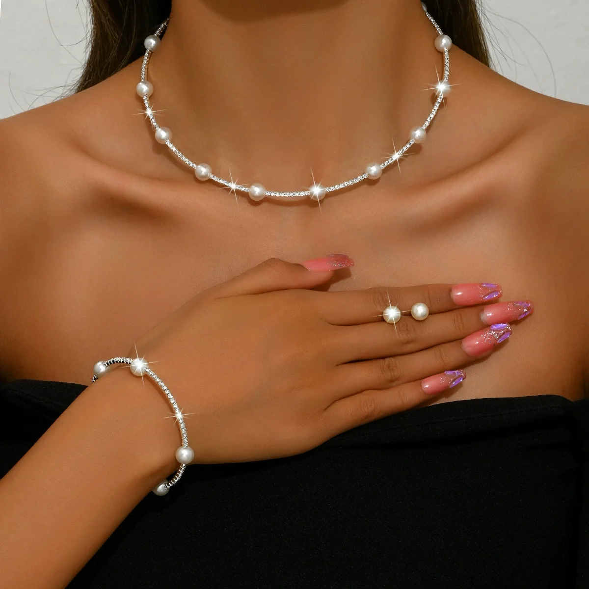 Elegant Silver Tone Star Jewelry Set, Shiny Crystal Open Cuff Choker & Bracelet Earring Set for Brides Evening Gift
