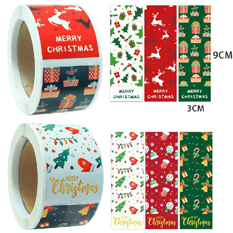 100 Pcs Merry Christmas Stickers 3*9cm  Animals Snowman Trees Decor Stickers for Small Business Wrapping Gift Box Christmas Tags