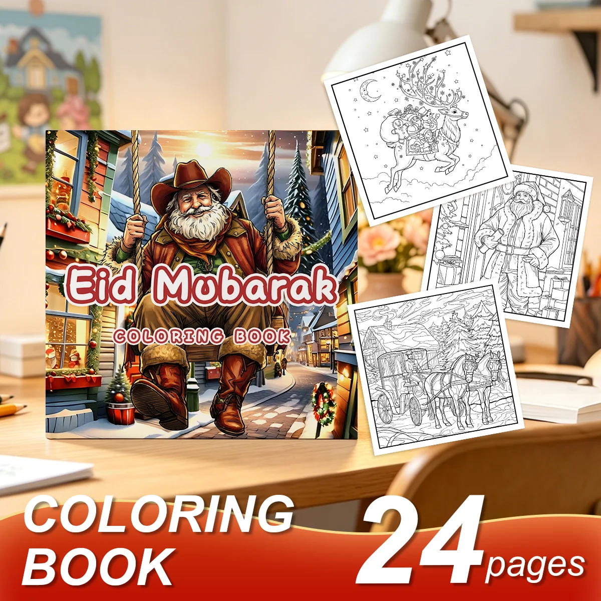 Eid Mubarak Coloring Book for Adults , Western Cowboy Santa Winter Town Patterns, Stress‑Relaxing Mindfulness Art Activity Book