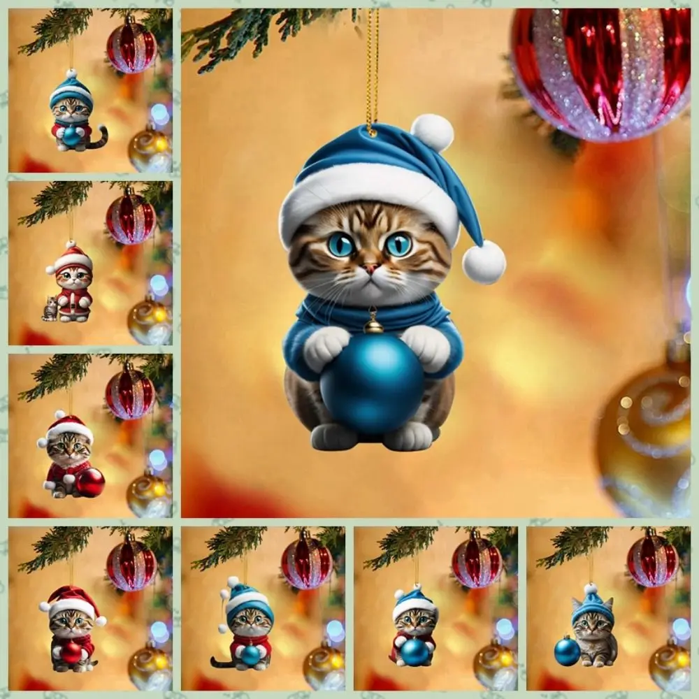 2D Christmas Cat Ornaments Decorative Acrylic Christmas Tree Hanging Pendant Hanging 8cm Cat Hanging Decoration Xmas