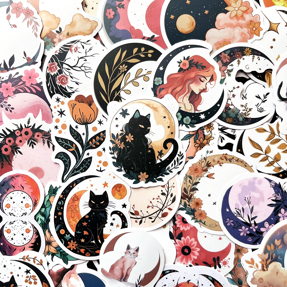 10/50pcs Aesthetic Bohemian Moon Flower Cat Stickers Decal for Scrapbook Guitar Laptop Luggage Water Bottle Fridge Skateboard