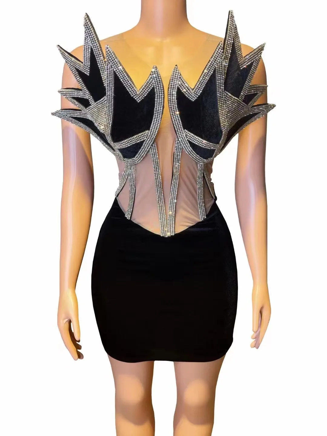 Hot Diamond Seksowna aksamitna sukienka bez rękawów z siatki Strój piosenkarza Impreza Wysokiej klasy sukienka na występy Sukienki zdobione kryształami