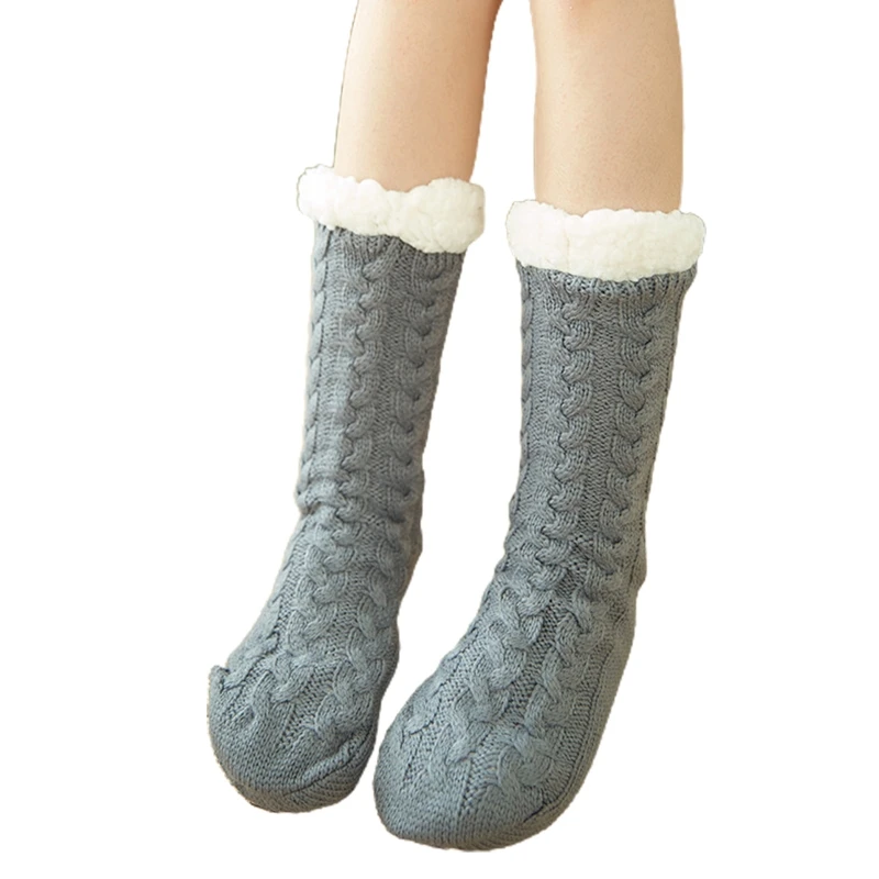 Damen Winter warme dicke Strick-Plüsch gefütterte Slipper-Socken, flauschige Schlafstrümpfe